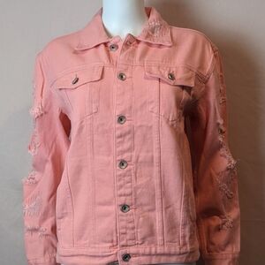 Pink Distressed Ripped Sleeve Denim Jean Jacket size Medium
